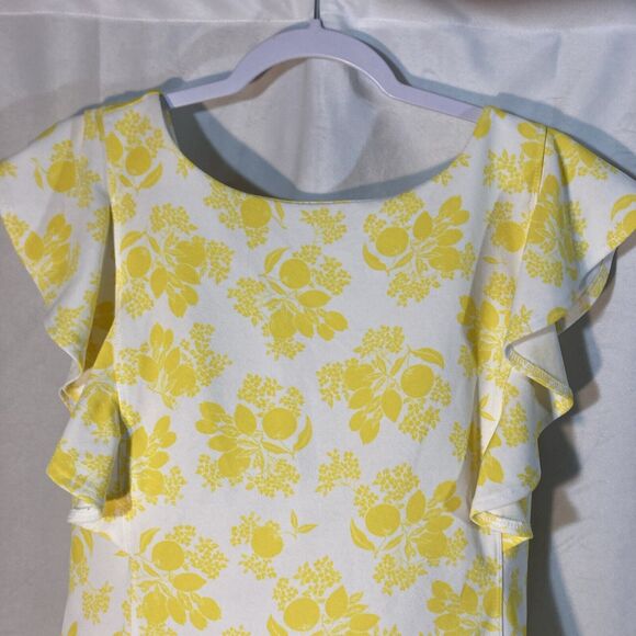 66-6 ANN TAYLOR white yellow floral lemon fruit flutter sleeves cross back top M - Picture 2 of 8